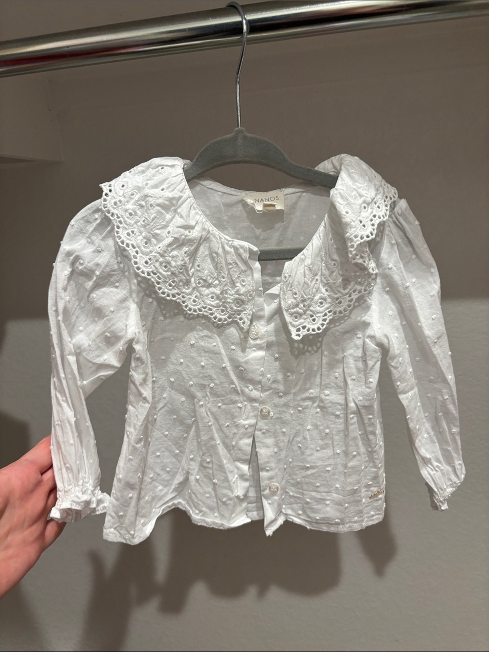 White Eyelet-Collar Button Front Baby Blouse by Nanos